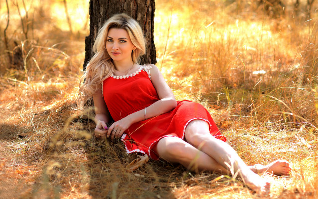 Woman red dress grass woods free wallpaper for desktop - medium preview image
