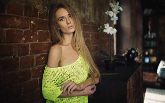 Woman yellow dress brickwall crossstitch free wallpaper for desktop - medium preview image