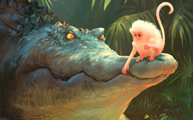 Monkey crocodile jungle fantasy illustration free wallpaper for desktop - medium preview image