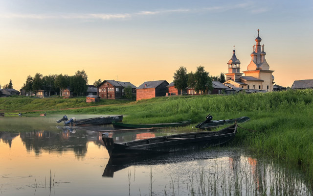 Boats church field forest sunset free wallpaper for desktop - medium preview image