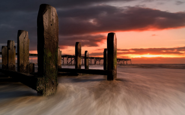 Pier sunset water mountain city free wallpaper for desktop - medium preview image