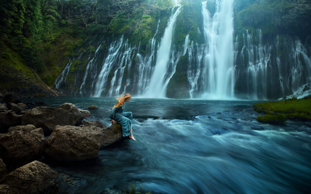 Woman waterfall rock bluehair nature free wallpaper for desktop - medium preview image