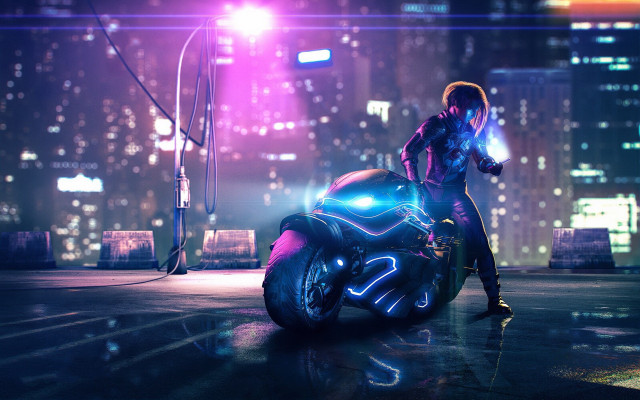 Man motorcycle neon city night free wallpaper for desktop - medium preview image