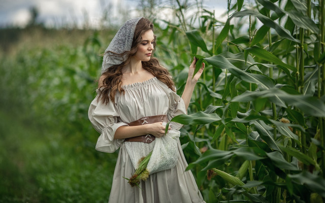 Woman dress cornfield magic realism free wallpaper for desktop - medium preview image