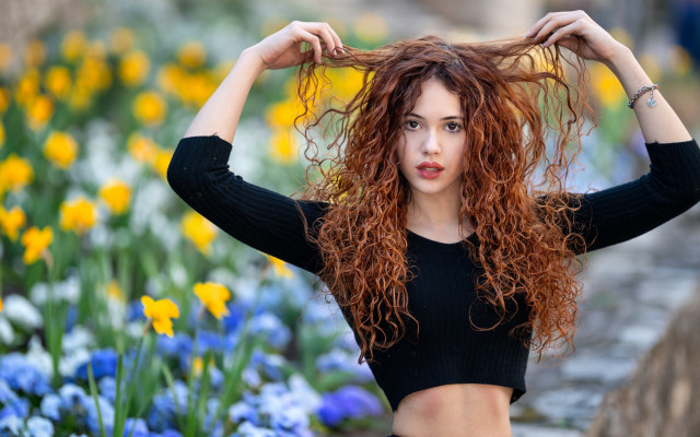 Red hair flower field artnouveau free wallpaper for desktop - medium preview image