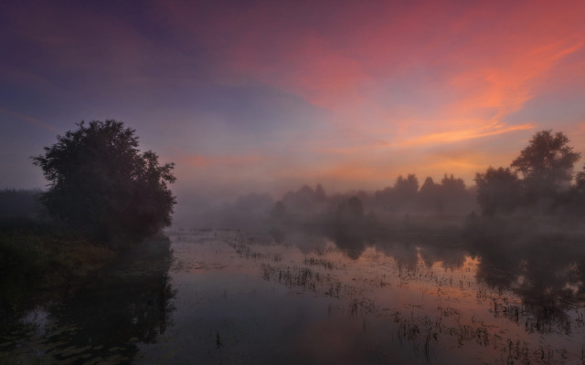 River trees mist sunset mountain free wallpaper for desktop - medium preview image