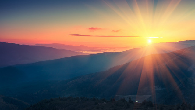Sunset mountain range sunshine trees free wallpaper for desktop - medium preview image