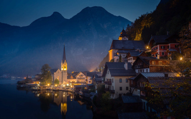 Town church mountains water night free wallpaper for desktop - medium preview image