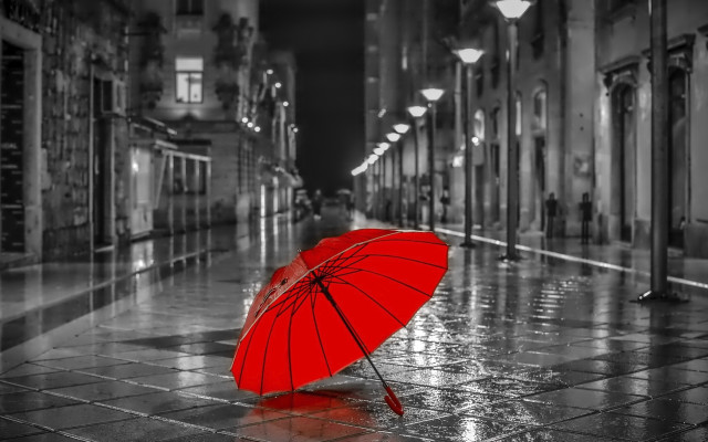 Red umbrella rainy city night free wallpaper for desktop - medium preview image