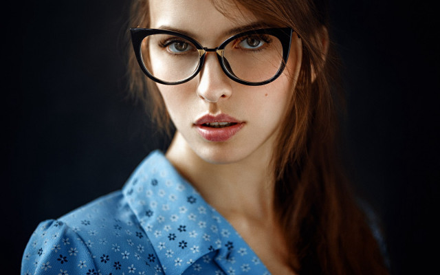 Woman glasses blue shirt portrait free wallpaper for desktop - medium preview image