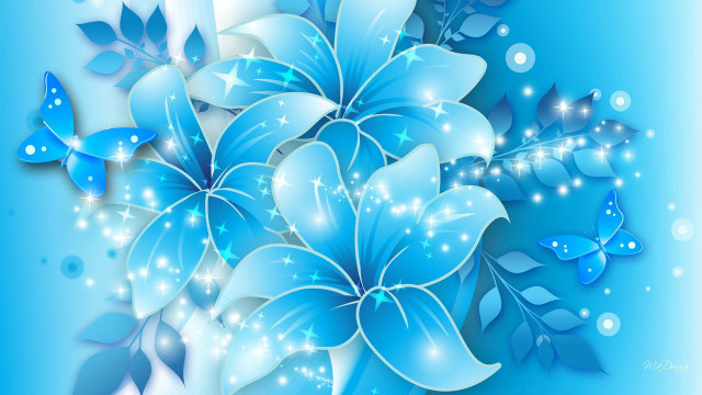 Blue flower butterflies background bubbles free wallpaper for desktop - medium preview image
