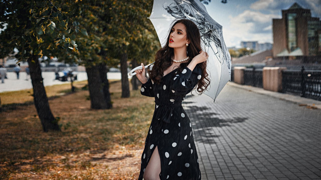 Woman polka dot dress umbrella free wallpaper for desktop - medium preview image