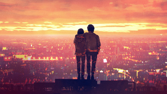 Cityscape sunset cyberpunk bridge ferriswheel free wallpaper for desktop - medium preview image