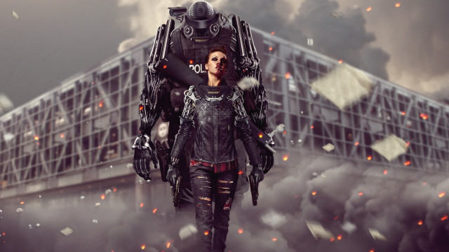 Futuristic woman robot city smoke free wallpaper for desktop - medium preview image