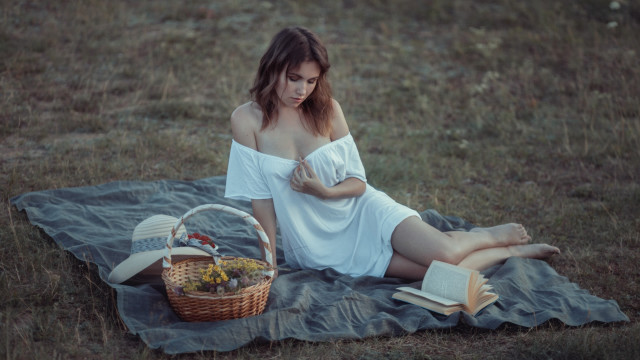 Woman reading picnic basket bare free wallpaper for desktop - medium preview image