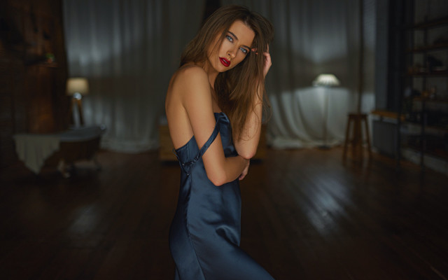 Woman blue dress portrait indoor free wallpaper for desktop - medium preview image