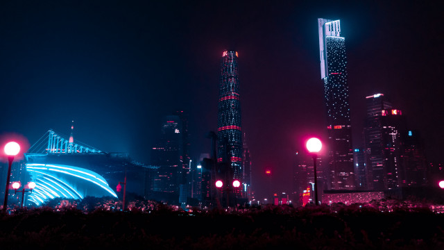 Cyberpunk city skyline night bridge free wallpaper for desktop - medium preview image