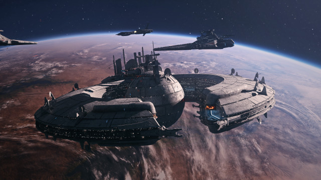 Ships over planet starry sky free wallpaper for desktop - medium preview image