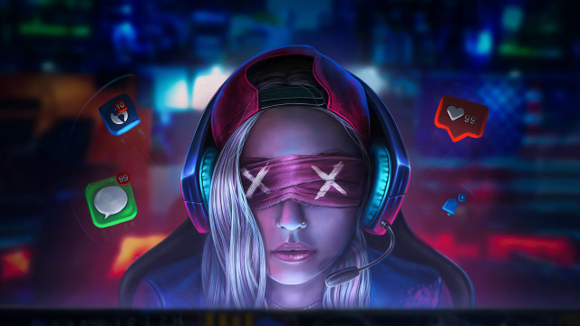 Futuristic woman headphones blindfold cyberpunk free wallpaper for desktop - medium preview image