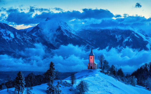 Snowy mountain church red steeple free wallpaper for desktop - medium preview image