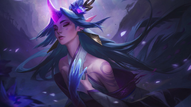 Blue horned woman fantasy art free wallpaper for desktop - medium preview image