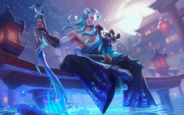 Woman sword boat city moon free wallpaper for desktop - medium preview image