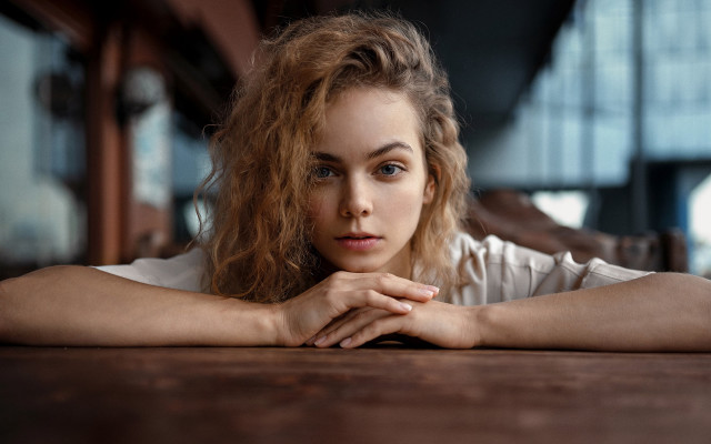 Woman long hair sitting table #2 free wallpaper for desktop - medium preview image