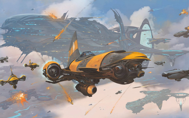 Yellow car flying cloudy sky free wallpaper for desktop - medium preview image