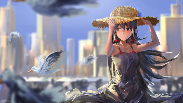 Woman dress hat birds city free wallpaper for desktop - medium preview image