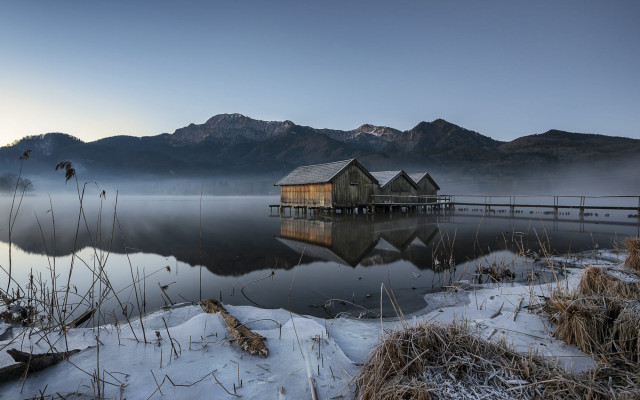 Lake mountains foggy house bird free wallpaper for desktop - medium preview image