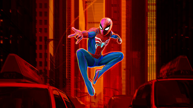 Spiderman flying night city street free wallpaper for desktop - medium preview image