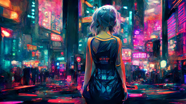 Woman city night neon reflection free wallpaper for desktop - medium preview image