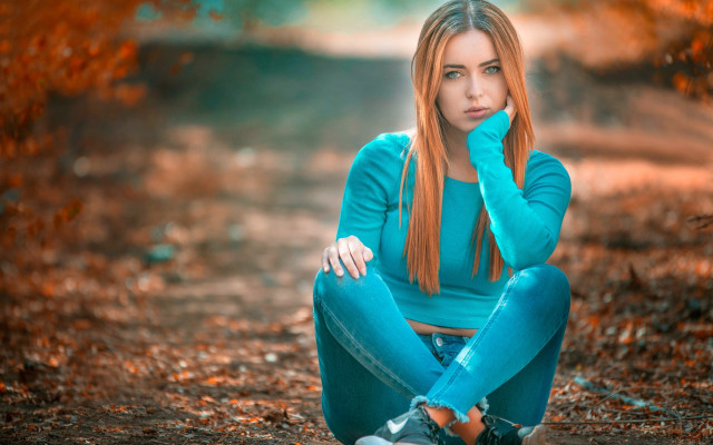 Woman forest autumn fire sitting free wallpaper for desktop - medium preview image