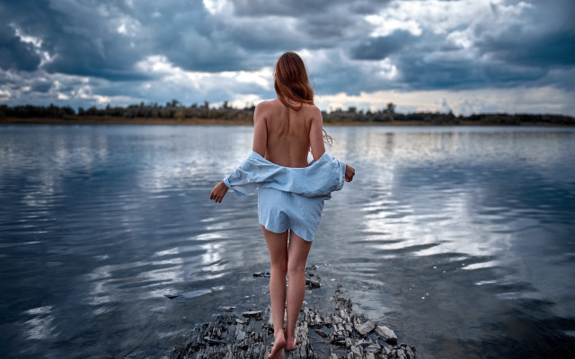 Woman blue dress rock water free wallpaper for desktop - medium preview image