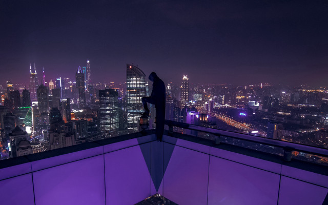 Futuristic cyberpunk cityscape night sky free wallpaper for desktop - medium preview image