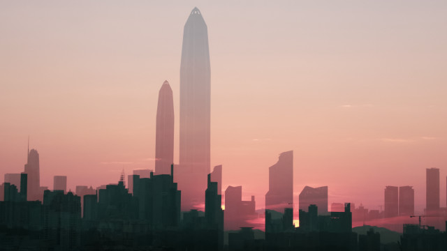 City skyline sunset retrofuturism solarpunk free wallpaper for desktop - medium preview image