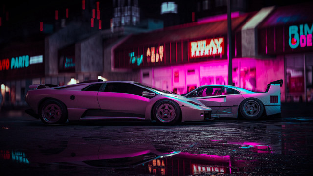 Neon cars reflection cyberpunk urban free wallpaper for desktop - medium preview image