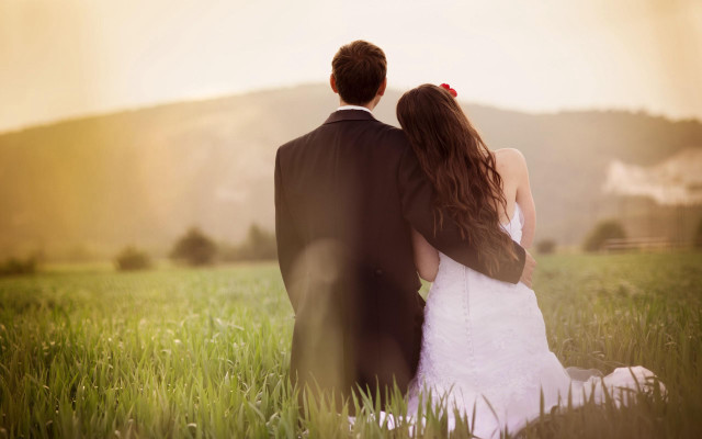 Bride groom sunset field mountains free wallpaper for desktop - medium preview image
