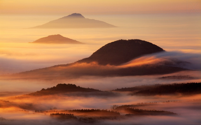 Mountain fog clouds sunset trees free wallpaper for desktop - medium preview image