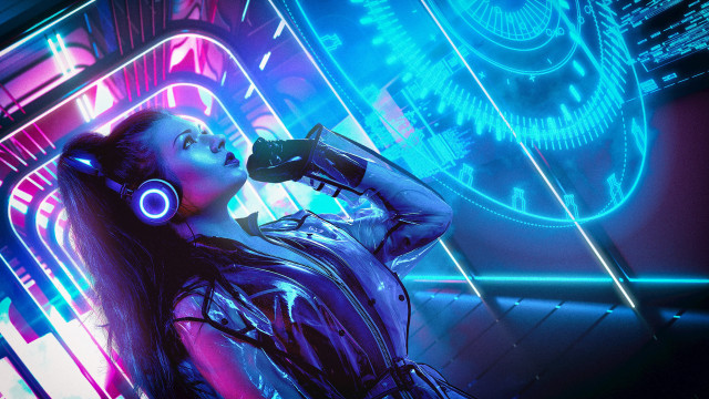 Woman headphones microphone neon cyberpunk free wallpaper for desktop - medium preview image