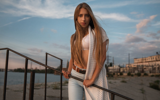 Woman staircase waterfront clocktower fashion free wallpaper for desktop - medium preview image