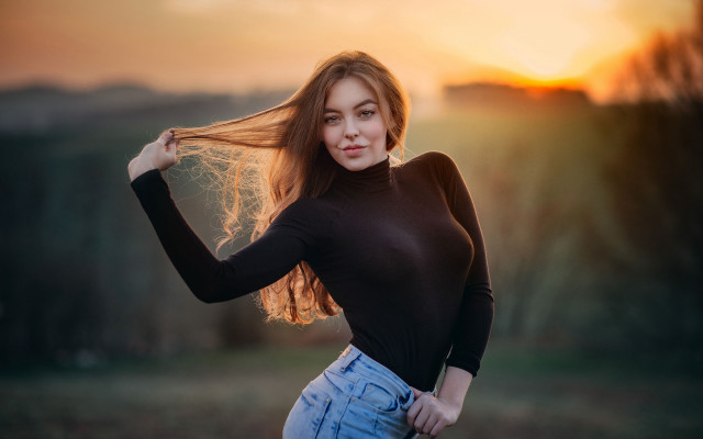 Woman long hair field sunset free wallpaper for desktop - medium preview image