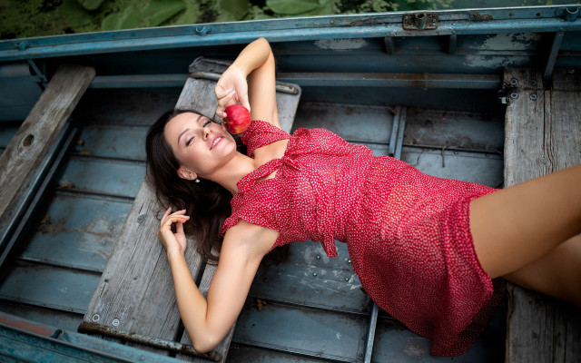 Woman red dress boat water #3 free wallpaper for desktop - medium preview image