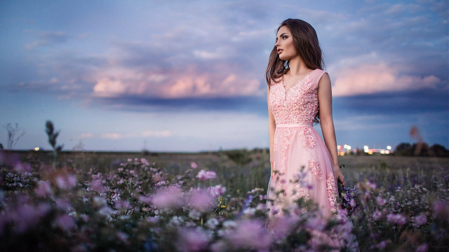 Woman pink dress flower field free wallpaper for desktop - medium preview image