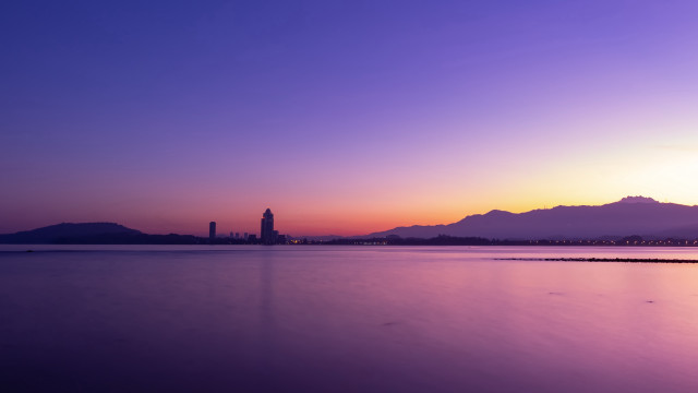 Sunset mountains clock tower water free wallpaper for desktop - medium preview image