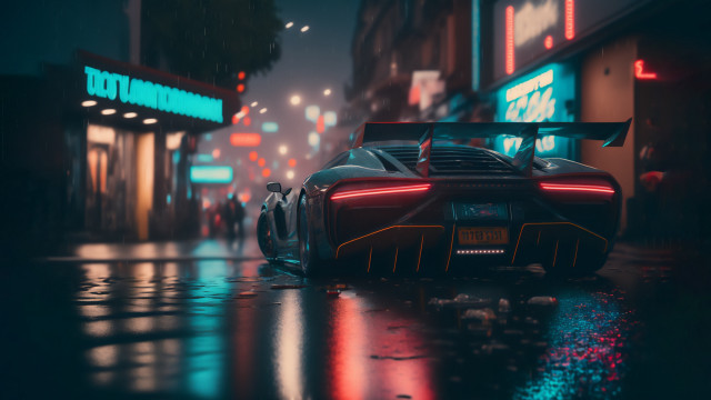 Wet street night neon cyberpunk free wallpaper for desktop - medium preview image