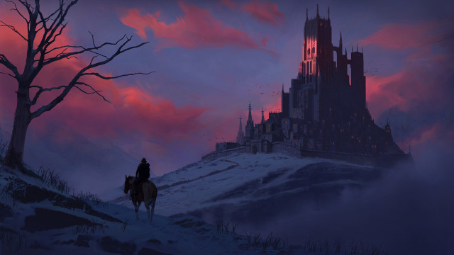 Man horse castle night red free wallpaper for desktop - medium preview image