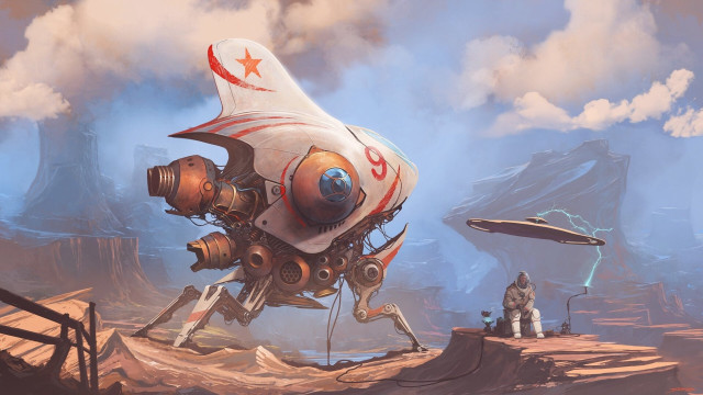 Giant robot man hill retrofuturism free wallpaper for desktop - medium preview image