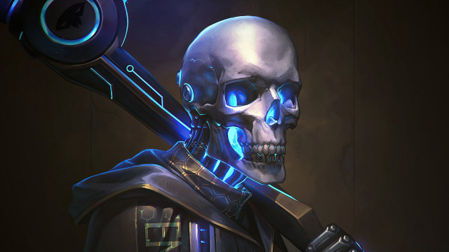 Skeleton cyberpunk armor glowing eyes free wallpaper for desktop - medium preview image