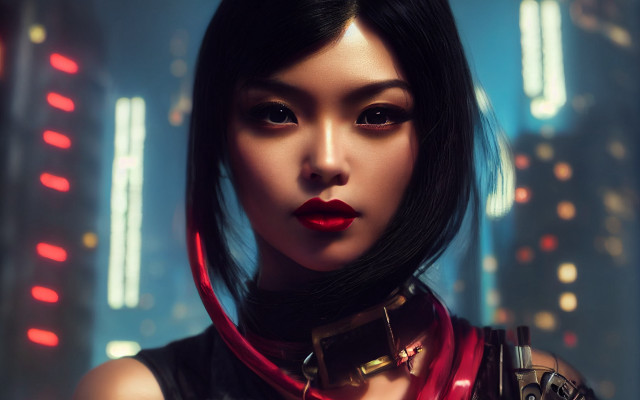 Woman cyberpunk blackdress redcollar citylights free wallpaper for desktop - medium preview image
